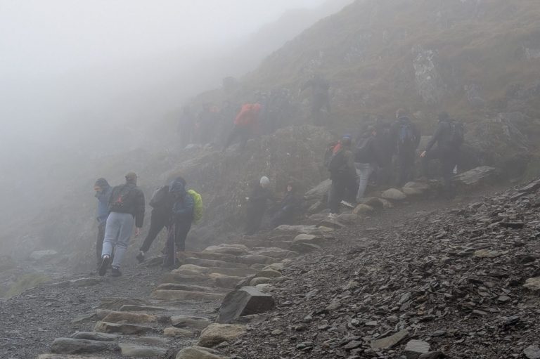 Hikers Traffic jam in the fog